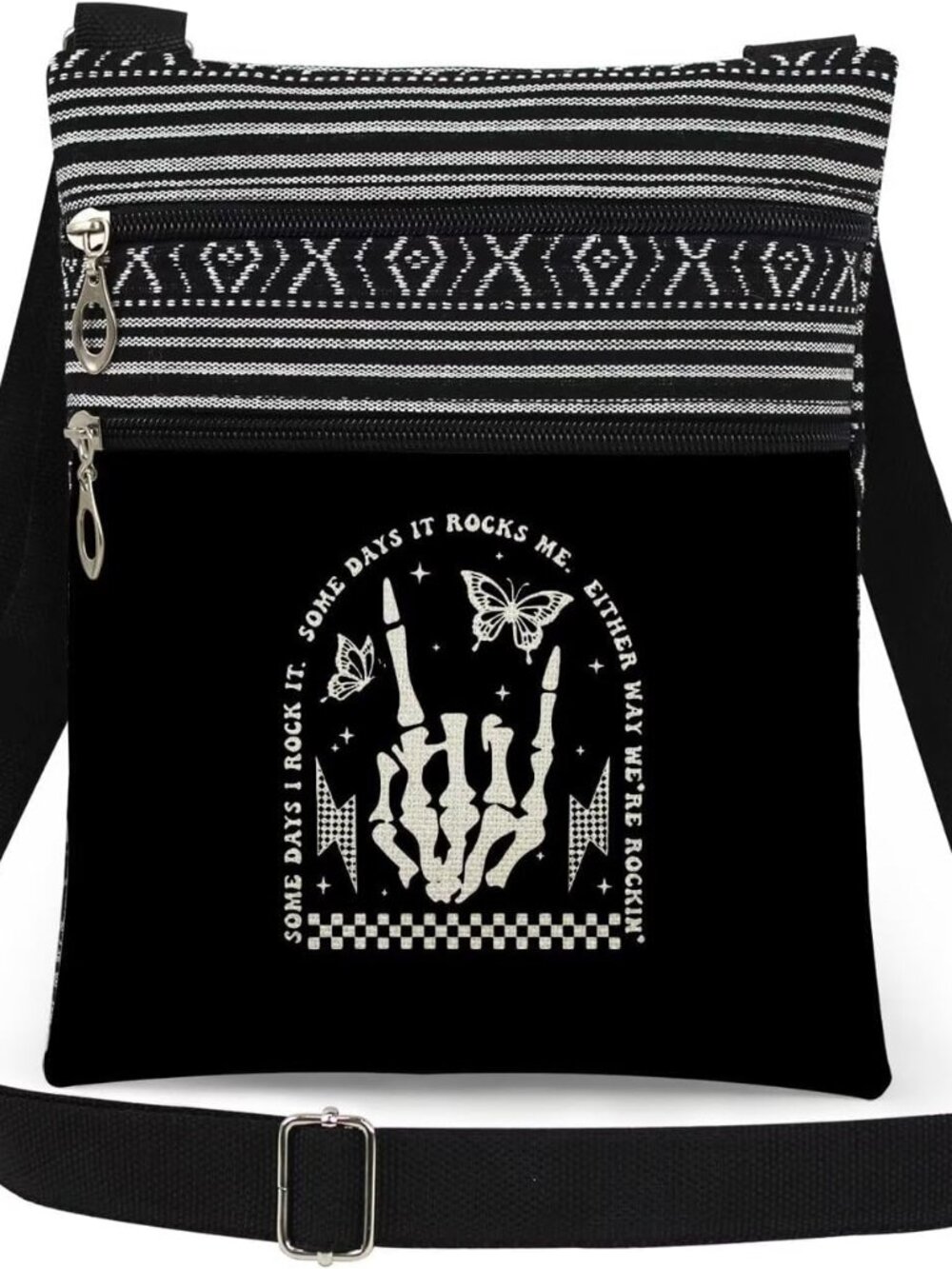 Skeleton Rock Hand Print Woman Crossbody Bag Adjustable Man Shoulder Bag with Zi